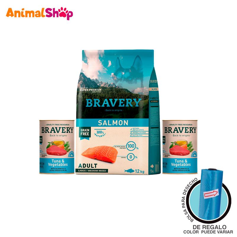 Comida-De-Perro-Adulto-Bravery--Salmon-12-Kg---2-Lta-290-Gr