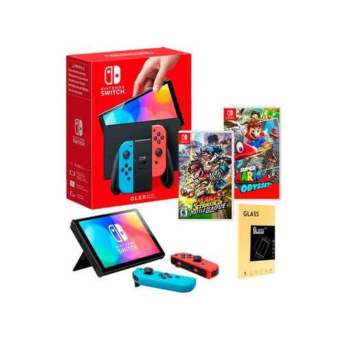 Consola Nintendo Switch Oed Neon + Mario Odyssey + Mario Strikers + Mica