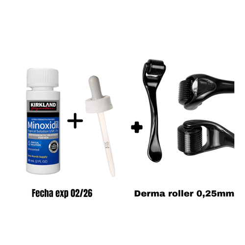 Minoxidil líquido 1 frasco y Dermaroller- derma roller 0,25mm- tratamiento piel, cabello y barba