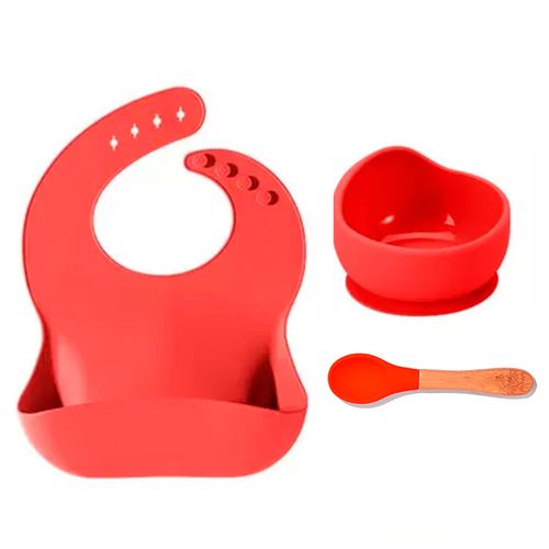 Set de Alimentación Babero de Silicona Bowl y Cuchara Rojo