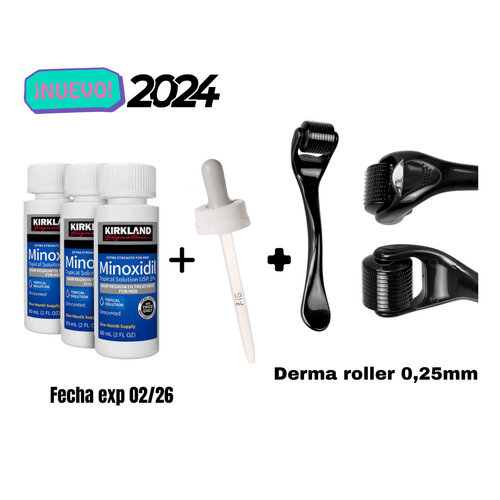 Minoxidil 5% líquido KIRKLAND ORIGINAL 3 frascos y Dermaroller- derma roller 0,25mm- tratamiento pie