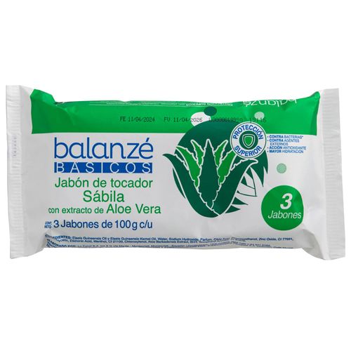 Jabón de Tocador BALANZÉ BÁSICOS Aloe Vera Paquete 3un x 100g