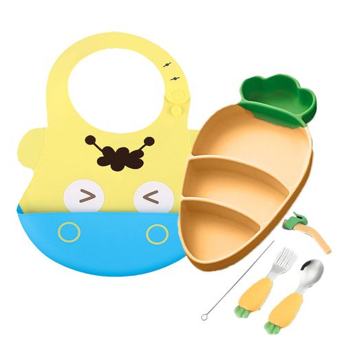 Pack Babero Hipo y Set Plato Zanahoria Amarillo para bebe