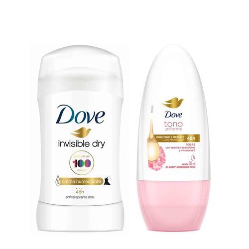 Pack Desodorante Barra Mujer DOVE Invisible Dry 50g + Desodorante Roll On Mujer DOVE Tono Uniforme Rosas 50ml