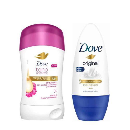 Pack Desodorante Stick Mujer DOVE Orquídeas 45g + Desodorante Roll On Mujer DOVE Invisible Dry 50ml