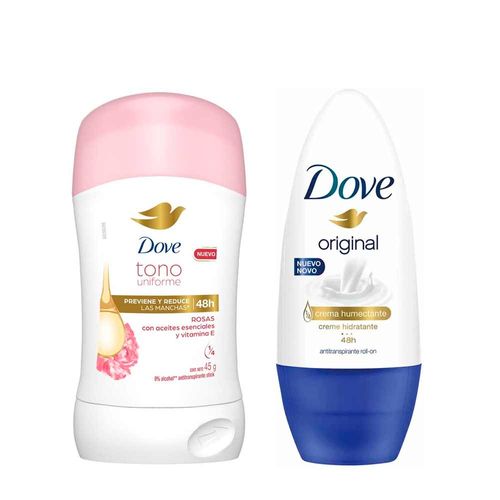 Pack Desodorante Roll On Mujer DOVE Invisible Dry 50ml + Desodorante Barra Mujer DOVE Tono Uniforme Rosas 45g