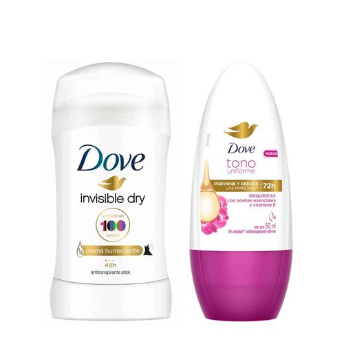 Pack Desodorante Roll-On Mujer DOVE Orquídeas 150ml + Desodorante Barra Mujer DOVE Invisible Dry 50g