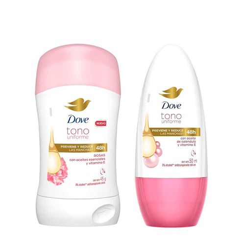 Pack Desodorante Barra Mujer DOVE Tono Uniforme Rosas 45g + Desodorante Roll On Mujer DOVE Tono Uniforme Caléndula 50ml