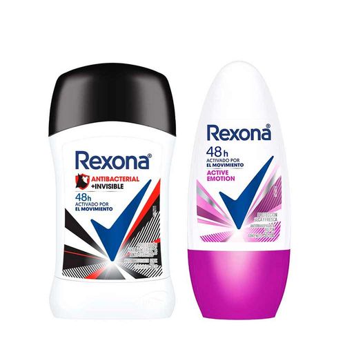 Pack Desodorante Barra REXONA Women Antibacterial Invisible 50g + Desodorante Roll On REXONA Women Active Emotion 50ml