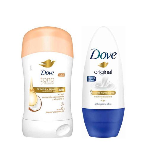 Pack Desodorante Barra Mujer DOVE Tono Uniforme Coco 50g + Desodorante Roll On Mujer DOVE Original 50ml