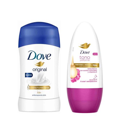 Pack Desodorante Barra Mujer DOVE Original 50g + Desodorante Roll-On Mujer DOVE Orquídeas 150ml