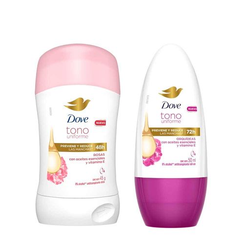 Pack Desodorante Roll-On Mujer DOVE Orquídeas 150ml + Desodorante Barra Mujer DOVE Tono Uniforme Rosas 45g