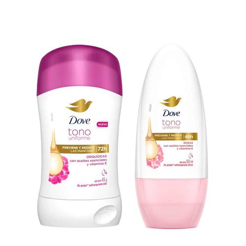 Pack Desodorante Stick Mujer DOVE Orquídeas 45g + Desodorante Roll On Mujer DOVE Tono Uniforme Rosas 50ml