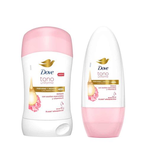 Pack Desodorante Barra Mujer DOVE Tono Uniforme Rosas 45g + Desodorante Roll On Mujer DOVE Tono Uniforme Rosas 50ml