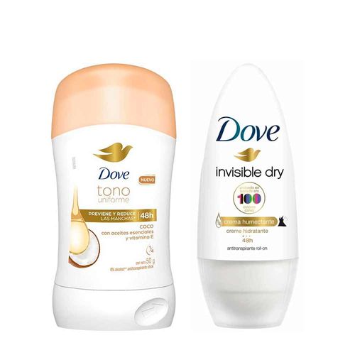 Pack Desodorante Roll On Mujer DOVE Invisible Dry 50ml + Desodorante Barra Mujer DOVE Tono Uniforme Coco 50g