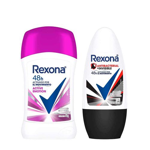 Pack Desodorante Barra REXONA Women Active Emotion Frasco 50g + Desodorante Roll On REXONA Women Antibacterial Invisible 50ml