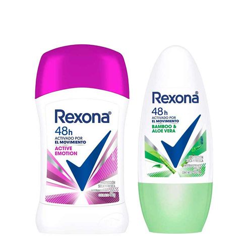 Pack Desodorante Roll On REXONA Women Bamboo 50ml + Desodorante Barra REXONA Women Active Emotion Frasco 50g