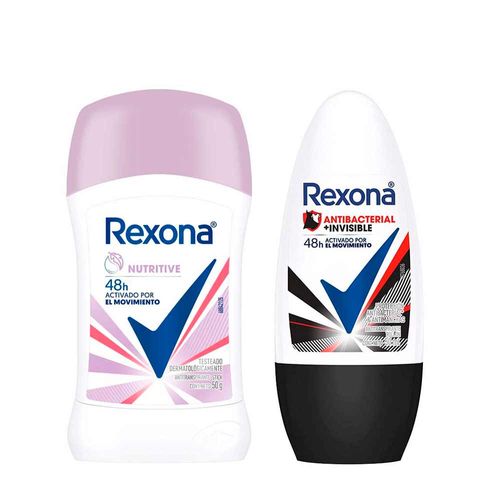 Pack Desodorante Roll On REXONA Women Antibacterial Invisible 50ml + Desodorante Barra REXONA Women Care Nutritive 50g