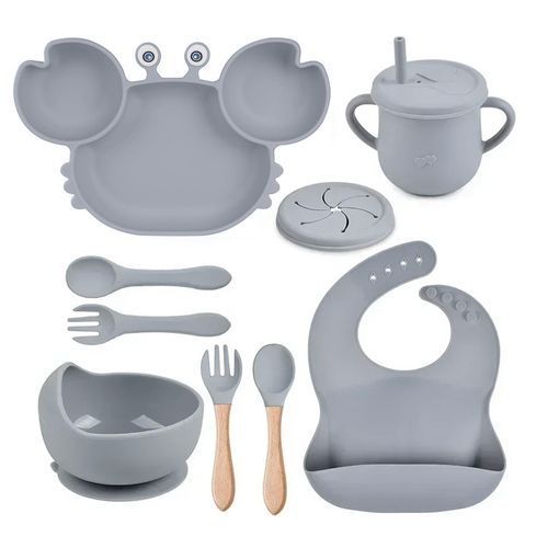 Set plato cangrejo babero cubiertos y vaso gris para bebe