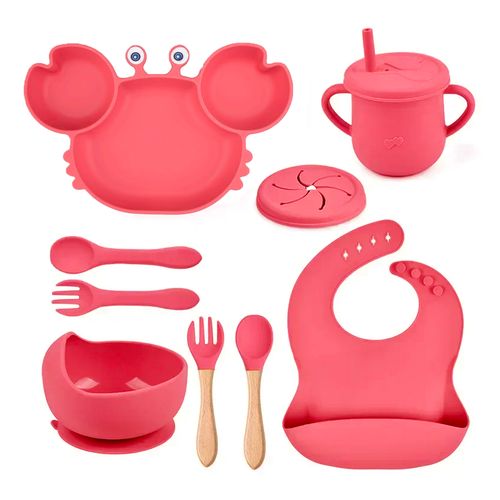 Set plato cangrejo babero cubiertos y vaso rosa para bebe