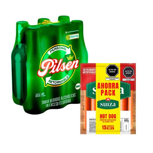 Pack Cerveza PILSEN Callao Botella 305ml Paquete 6un + Pack Hot Dog S. SUIZA Paquete 600g