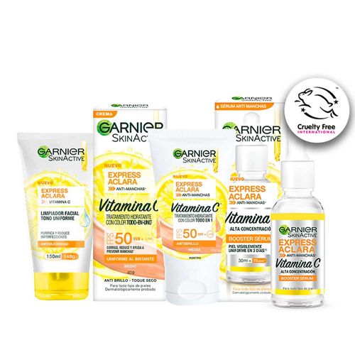 Pack GARNIER Gel Limpieza Express Aclara 150ml + Tratamiento Anti Manchas Express Aclara Tono Medio 40ml + Sérum Express Aclara 30ml