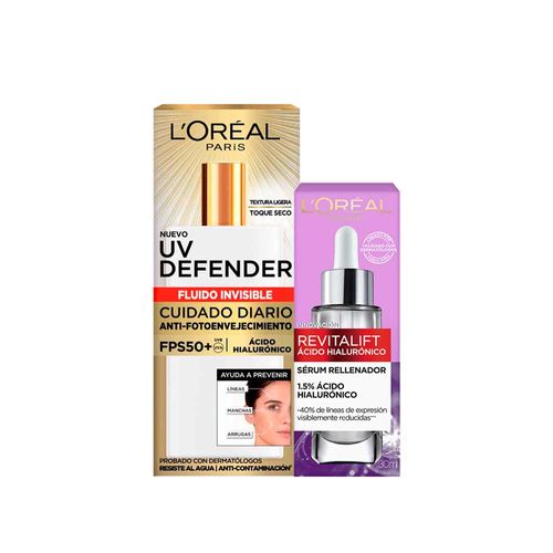 Pack L'ORÉAL Bloqueador UV Defender Fluido Invisible FPS50 40g + Sérum Hialurónico Revitalift 30ml