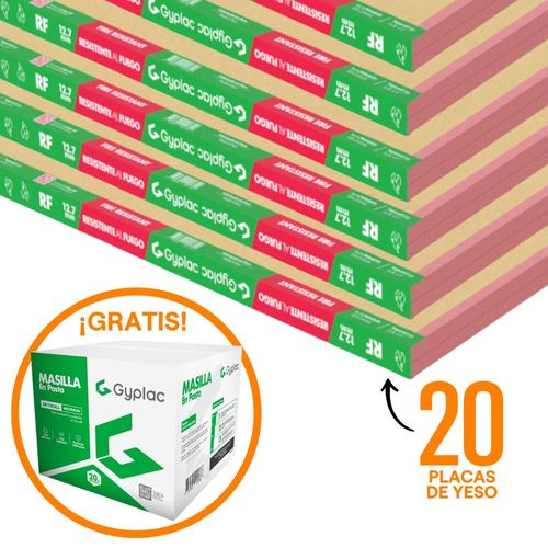 COMBO Gyplac: 20 Placas de yeso RF 12.7mm 1.22x2.44m + Masilla para Drywall lista para usar 20kg