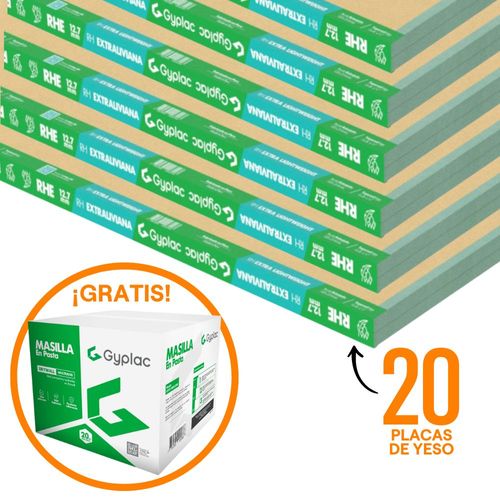 COMBO Gyplac: 20 Placas de yeso RH 1/2" (12.7mm) 1.22x2.44m + Masilla para Drywall lista para usar 20kg