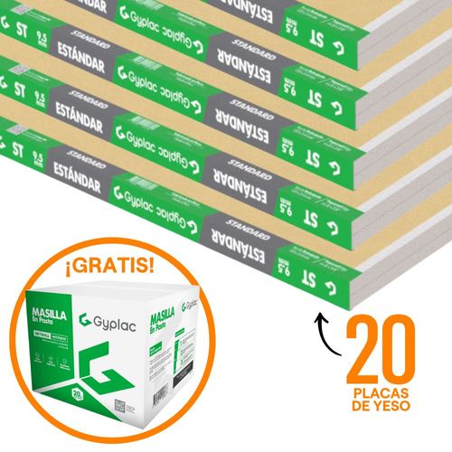 COMBO Gyplac: 20 Placas de yeso ST Standard 3/8” (9.5 mm) 1.22x2.44m + Masilla para Drywall lista para usar 20kg