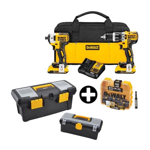 COMBO: Taladro Percutor Dcd796 1/2" + Atornillador de Impacto DCF 887 1/4" 20V Dewalt + COMBO Caja de herramientas 18" y 12" Rimax