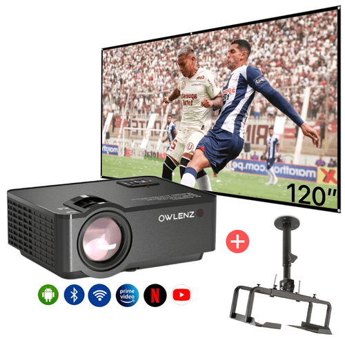 Proyector Smart Android 9.0 Owlenz Sd150 + Ecran 120" + Rack Metálico para Techo