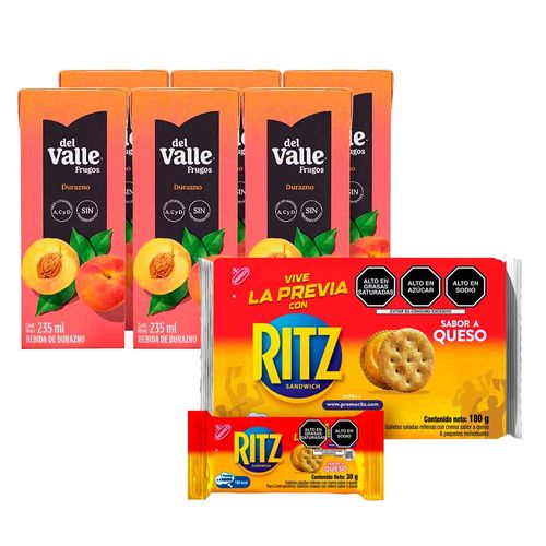 Pack Néctar FRUGOS DEL VALLE Sabor a Durazno Caja 235ml Six Pack + Galletas Saladas RITZ sabor Queso Paquete 6un