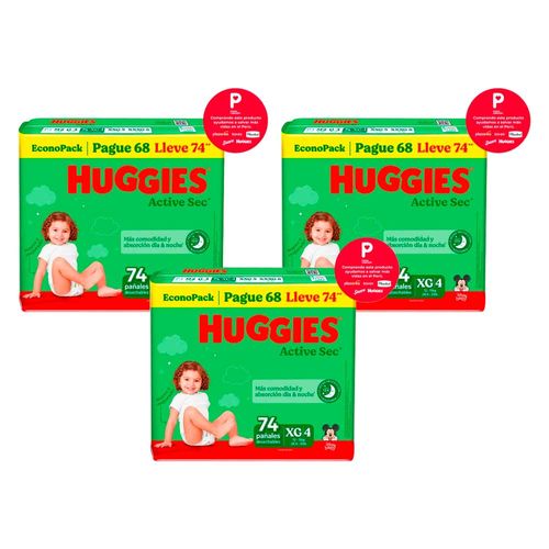 Pack Pañales para Bebé HUGGIES Active Sec XG Paquete 74un x 3un