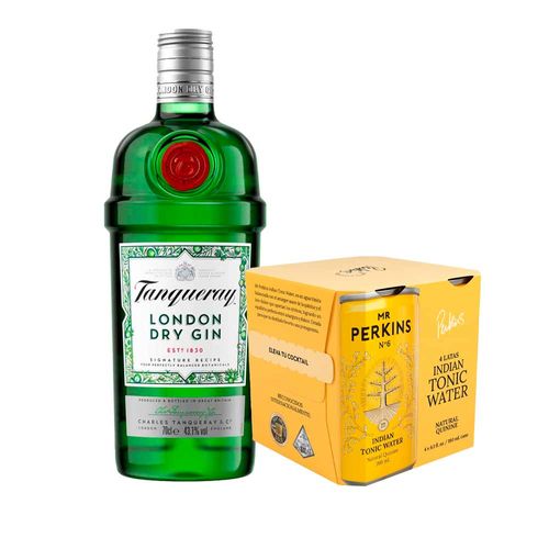 Pack Gin TANQUERAY London Dry Botella 700ml + Agua Tónica MR PERKINS Indian 180ml Paquete 4un