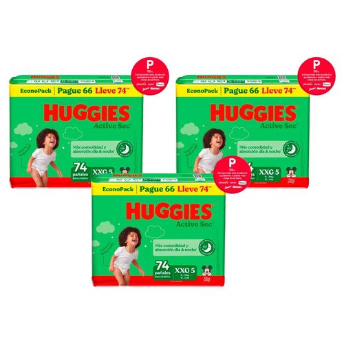 Pack Pañales para Bebé HUGGIES Active Sec XXG Paquete 74un x 3un