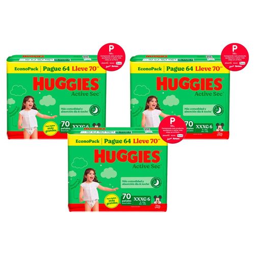 Pack Pañales para Bebé HUGGIES Active Sec XXXG Paquete 70un x 3un