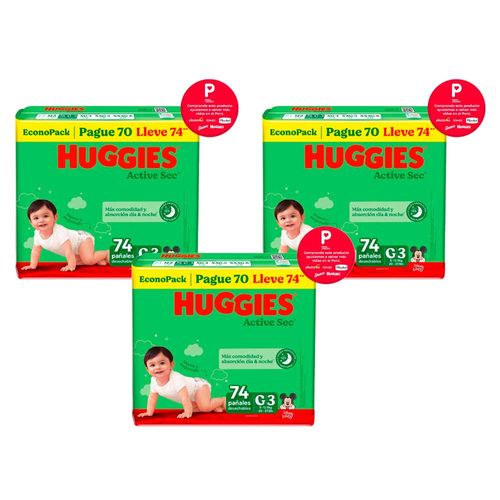 Pack Pañal HUGGIES Active Sec Paquete 74un x 3un