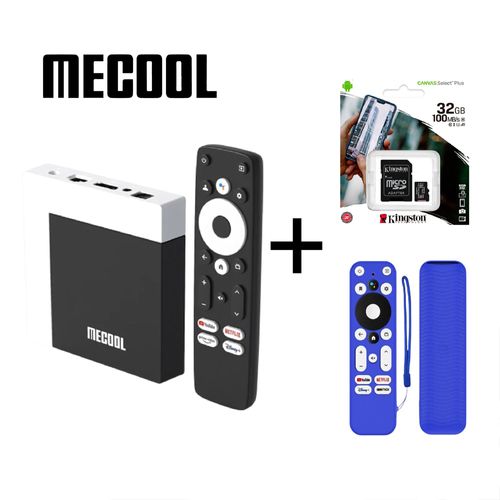 Mecool KM7 Plus Google TV + Funda azul protectora para mando + Memoria 32GB Kingston