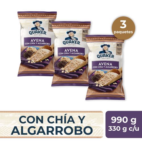 Pack Avena QUAKER con Chía y Algarrobo Bolsa 330g x3un