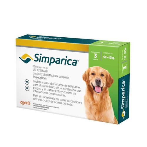 Simparica 80mg para perros 20 a 40Kg x 3 Tab