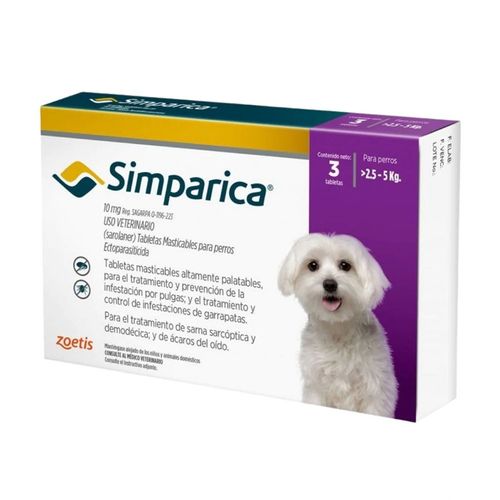 Simparica 10mg para perros 2.5 a 5Kg x 3 Tab