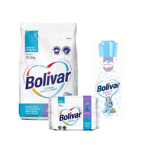 Pack BOLIVAR Detergente Polvo Baby Kids Bolsa 1.5Kg + Jabón Cuidado Bebés Bolsa 380g + Suavizante Baby & Kids Frasco 800ml