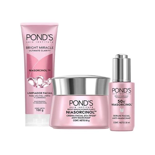 Pack POND'S Miracle Niasorcinol Limpiador Facial Bright 100g + Sérum Antimanchas 30ml + Crema Facial Antimanchas Día FPS30 50g