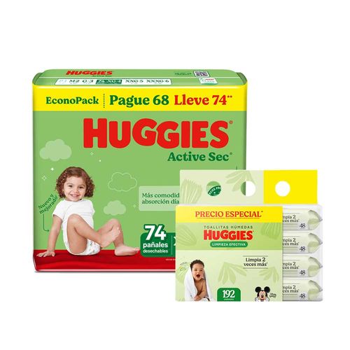 Pack HUGGIES Pañales Bebé Active Sec XG Paquete 74un + Toallitas Húmedas Limpieza Efectiva Paquete 192un