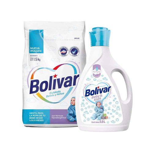 Pack BOLIVAR Detergente Polvo Baby Kids Bolsa 1.5Kg + Suavizante Libre Enjuague Bebé Frasco 2.8L