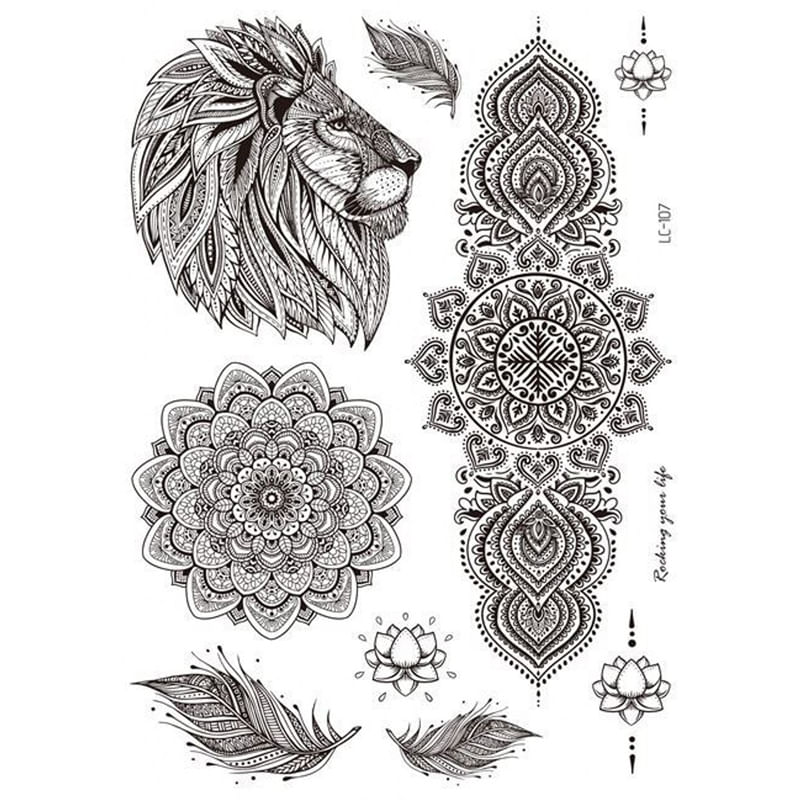 Tatuaje-temporal-falso-leon-mandala-plumas-flor-de-loto-21-x-15cm