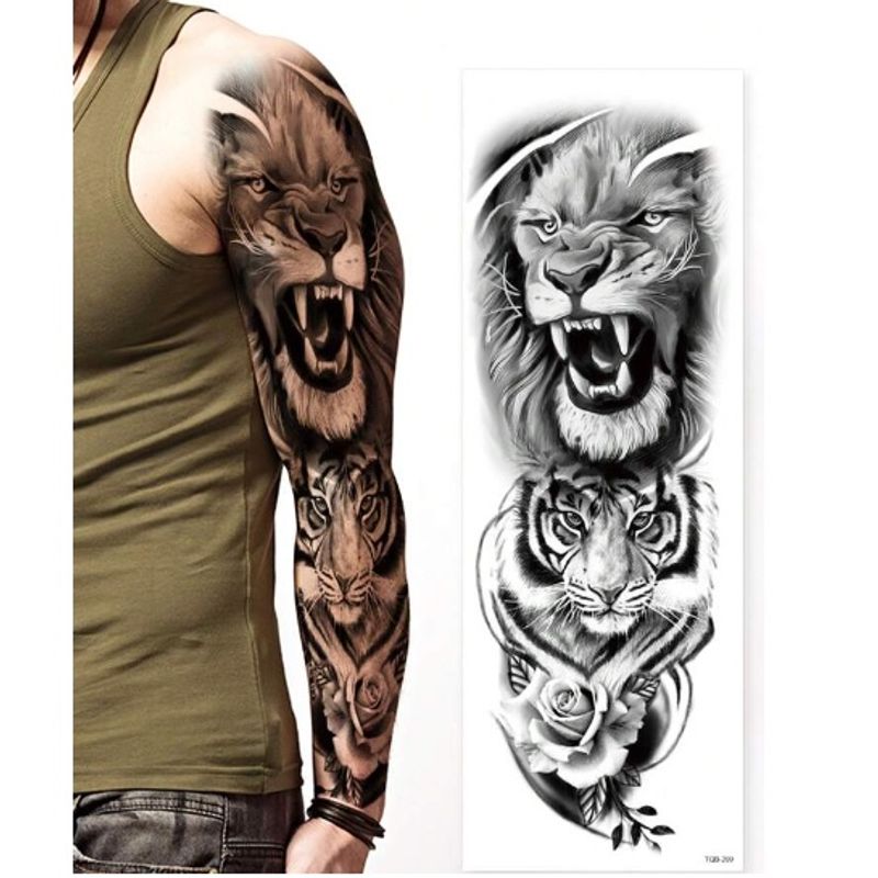 Tatuaje-manga-temporal-falso-leon-tigre-rosa-para-brazo-o-pierna-48-x-17cm-