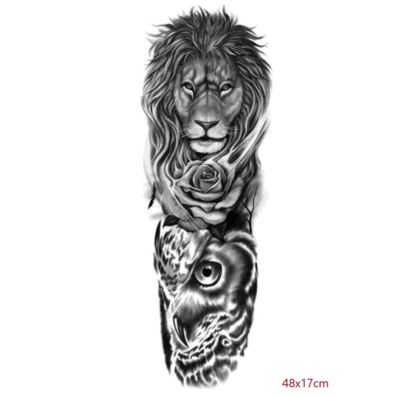 Tatuaje-manga-temporal-falso-para-brazo-o-pierna-leon-rosa-aguila-48x17cm