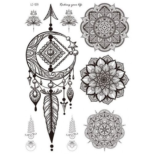 Tatuaje temporal falso atrapasueños mandala flores de loto 21 x 15cm